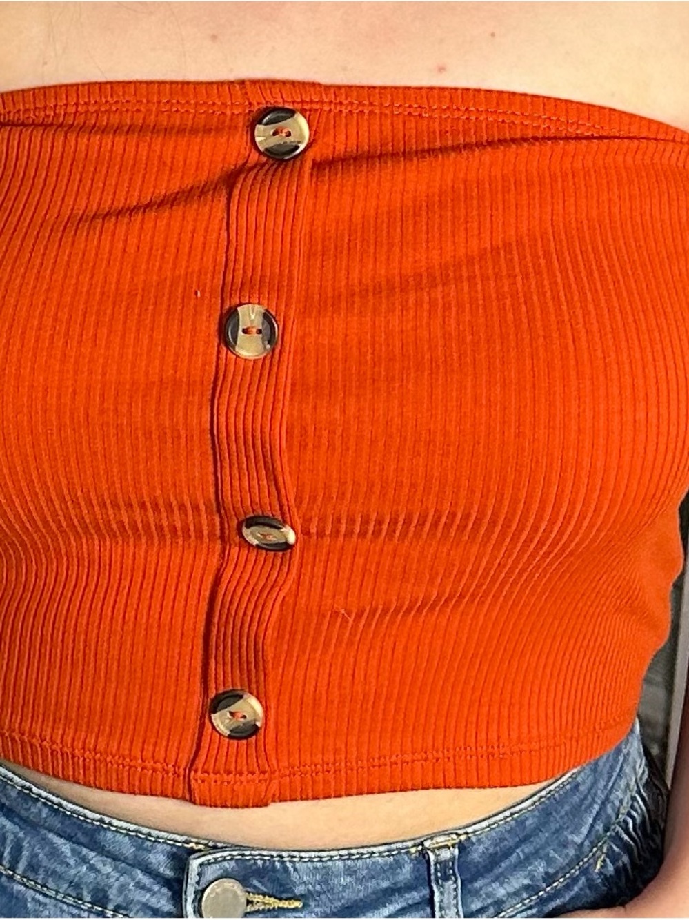 Ribbed Button-Front Tube Top - Orange